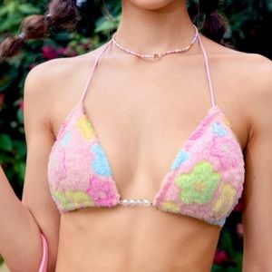 Groovy Floral & Pearl Pink Fuzzy Rave Bikini Top